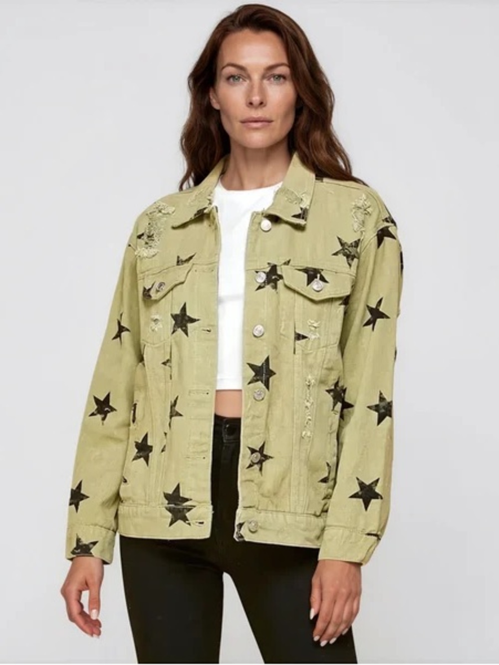 Touch of South Distressed Star Denim Jacket Size Large